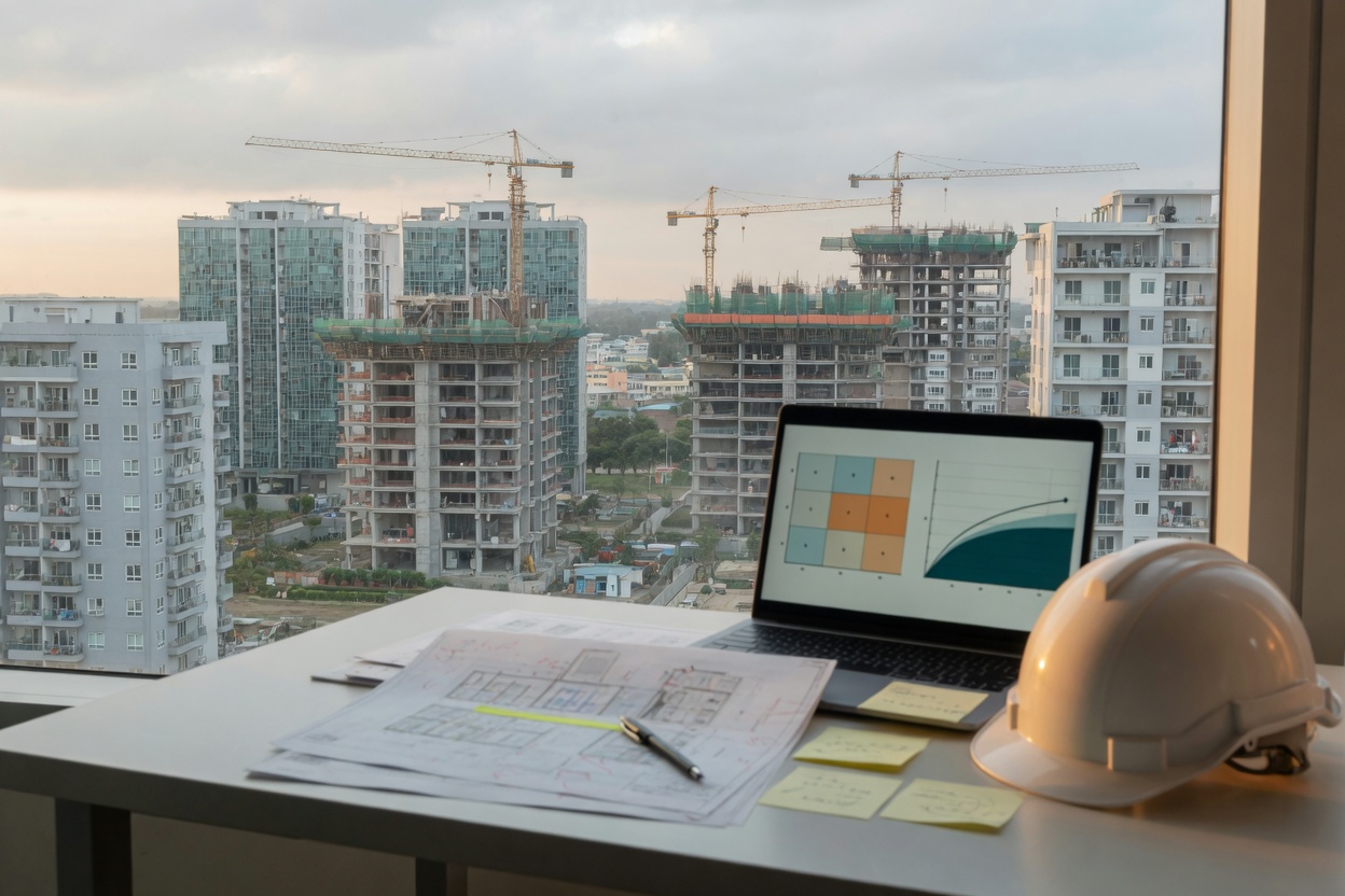Office desk with plans and a laptop overlooking new residential towers and cranes, suggesting